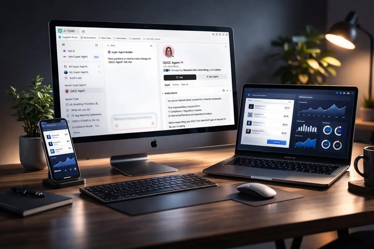 QAQC Agent shown on a desktop, laptop and phone (illustrative image)